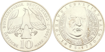 ФРГ 10 марок 2000 F, 250 лет со дня рождения Иоганна Себастьяна Баха KM 202 серебро UNC 04-137-14