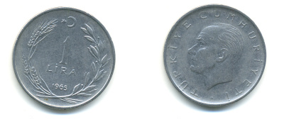 Турция 1 лира 1965 Мустафа Кемаль Ататюрк KM 889а.1 нержавеющая сталь 176-1123