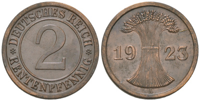 Германия 2 рентенпфеннига 1923 A KM 31, J. 307 бронза 4164-642