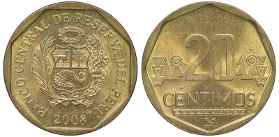 Перу 20 сентимо 2008 KM 306.4 латунь aUNC 4605-512