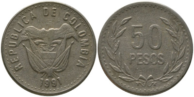 Колумбия 50 песо 1991 KM 283.1 никель латунь 4538-921
