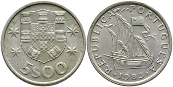 ПОРТУГАЛИЯ 5 ЭСКУДО 1983 ПАРУСНИК KM 591 медно-никель 4388-522