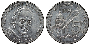 Франция 5 франков 1994 300 лет со дня рождения Вольтера KM 1063, Le Franc 344.2 медно-никель плакированный никелем 4123-245