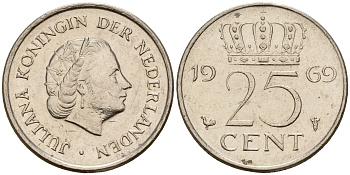 Нидерланды 25 центов 1969 Юлиана (1949-1980) HAAN KM 183 никель    4598-437