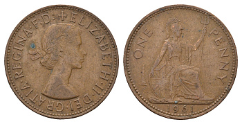 Великобритания 1 пенни 1961 Елизавета II (1952-2022) KM 897, Spink 4157 бронза 221-725