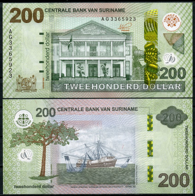 Суринам 200 долларов 2024 здание Центрального банка, дерево-песочница, рыболовецкий траулер Pick 166A  бумага  UNC (пресс) 451-760-2