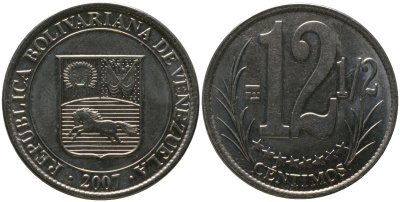 Венесуэла 12 1/2 сентимо 2007 KM 90, Schon 103 сталь плакированная никелем 4525-1157