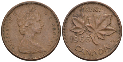 Канада 1 цент 1965 Елизавета II (1952-2022), кленовый лист KM 59.1 бронза 4609-126