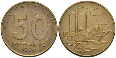 ГДР 50 пфеннигов 1950 А, фабрика KM 4 алюминиевая бронза 4575-517
