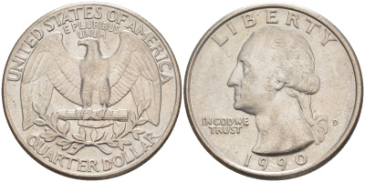 США 25 центов = квотер 1990 D, Вашингтон KM A164a медь плакированная медно-никелем 4114-927
