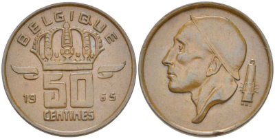 БЕЛЬГИЯ 50 САНТИМОВ 1965 BELGIQUE, БОДУЭН I (1951-1993) KM 148.1 бронза 214-453