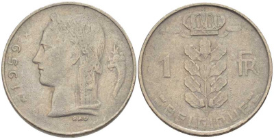 БЕЛЬГИЯ 1 ФРАНК 1959 BELGIQUE, БОДУЭН I (1951-1993) KM 142.1 медно-никель 202-1012