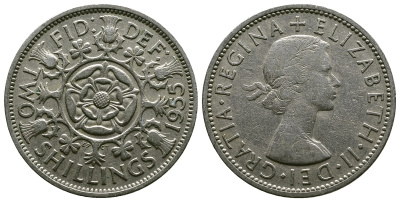 Великобритания 2 шиллинга (флорин) 1955 Елизавета II (1952-2022) KM 906, Spink 4146 медно-никель 4607-921