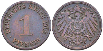 ГЕРМАНИЯ 1 ПФЕННИГ 1902 A KM 10, Jager. 10, Weege 2 медь 4528-1212