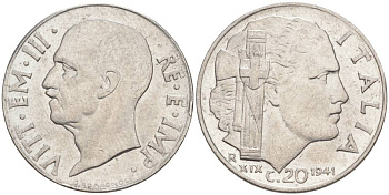 ИТАЛИЯ 20 ЧЕНТЕЗИМО 1941 R, ГОД XIX, ВИКТОР ЭММАНУИЛ III (1900-1946) KM 75b, VEM3. 1028 нержавеющая сталь 3853-643