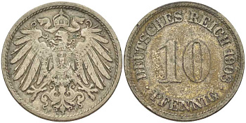 ГЕРМАНИЯ 10 ПФЕННИГОВ 1908 F KM 12, J. 13, Weege 8 медно-никель 212-114