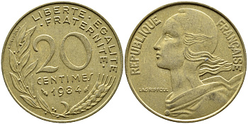 Франция 20 сантимов 1984 тип Marianne KM 930, Le Franс 156.24 медь алюминий никель 4393-211