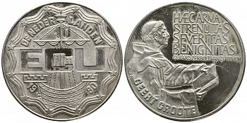 НИДЕРЛАНДЫ 10 ЭКЮ 1990 МОНАХ ГЕРТ ГРОТЕ медно-никель UNC 4386-425