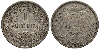 Германия 1 марка 1906 J Weege 18, J. 17, KM 14 серебро VF 413-1233