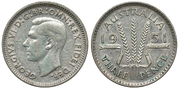 Австралия 3 пенса 1951 m, Георг VI (1937-1952), без букв KM 44 серебро 71-264