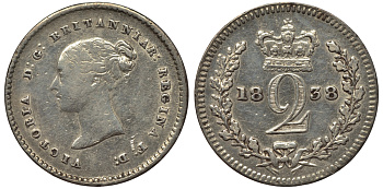 Великобритания 2 пенса 1838 Виктория (1837-1901), для обращения в Британской Гвиане и некоторых частях Британской Вест-Индии KM 729, Spink 3914E серебро 1524-422
