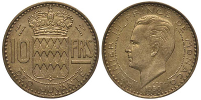 Монако 10 франков 1950 Ренье III (1949-2005) KM 130 алюминиевая бронза 113-827