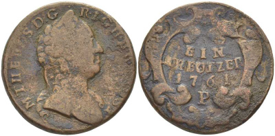 АВСТРИЯ 1 КРЕЙЦЕР 1761 P, МАРИЯ ТЕРЕЗИЯ (1740-1780) KM 1993 медь 180-533
