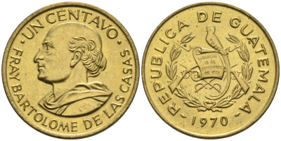 Гватемала 1 сентаво 1970 Бартоломео де лас Касас KM 265 латунь 4588-748
