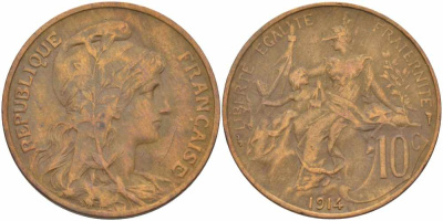 ФРАНЦИЯ 10 САНТИМОВ 1914 ТИП ДАНИЭЛЬ ДЮПЮИ KM 843, LA FRANC 136.24 бронза 109-341
