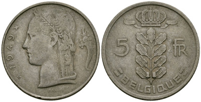 Бельгия 5 франков 1949 Леопольд III (1934-1950), Belgique KM 134.1 медно-никель 4172-543