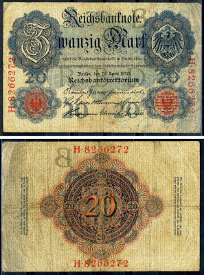 Германия 20 марок 1910 Pick 40 b бумага 7191-7-1-2