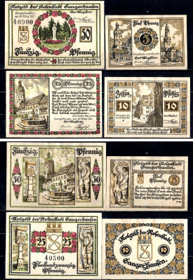 Зангерхаузен (Пруссия, Саксония) полный набор из 4 нотгельдов (5, 10, 25 и 50 пфеннигов) 1921 Mehl Grabowski 1163.1a и 1163.1b бумага UNC (пресс) 7556-66-1-2