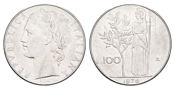 Италия 100 лир 1976 R, Афина в доспехах KM 96.1 нержавеющая сталь 4556-243