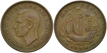 Великобритания 1/2 пенни 1944 Георг VI (1936-1952) KM 844, Spink 4115 бронза 4150-732