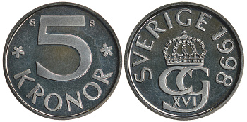 Швеция 5 крон 1998 B, Карл XVI Густав (1973- ) KM 853a медно-никель PROOFLIKE 54-2636