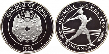 Тонга 1 паанга 1994 XXVI Олимпийские игры 1996 года в Атланте, копьеметатель KM 159 серебро PROOF 11-090-11