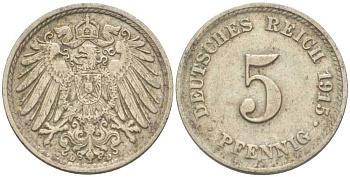 ГЕРМАНИЯ 5 ПФЕННИГОВ 1915 D KM 11, J. 12 медно-никель 206-1236