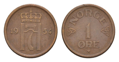 Норвегия 1 эре 1954 Хокон VII (1905-1957) KM 398 бронза 4632-1065