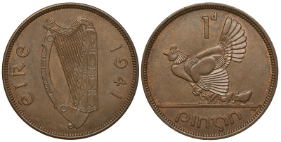 Ирландия 1 пенни 1941 курица с цыплятами KM 11 бронза aUNC 272-1713