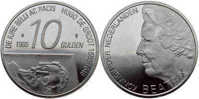 Нидерланды 10 гульденов 1995 300 лет со дня смерти Хьюго Грута, королева Беатрикс KM 220 серебро 1524-931