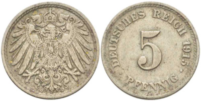 ГЕРМАНИЯ 5 ПФЕННИГОВ 1915 D KM 11, J. 12 медно-никель 206-1236