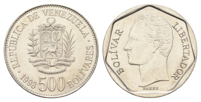 Венесуэла 500 боливаров 1998 год-тип, Симон Боливар Y 79.1 сталь плакированная никелем UNC 4666-1241