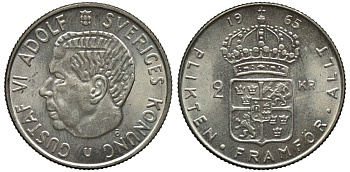 Швеция 2 кроны 1965 U, Густав VI Адольф (1950-1973) KM 827 серебро UNC 221-612