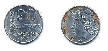 Бразилия 20 сентаво 1979 голова Свободы влево KM 579.1a, Schon 84b нержавеющая сталь 51-4714