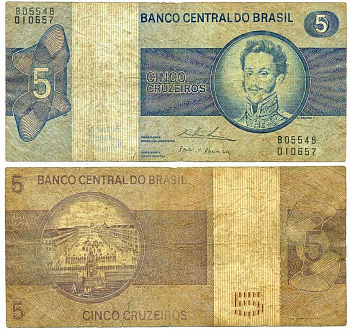 БРАЗИЛИЯ 5 КРУЗЕЙРО 1974 ПОДПИСЬ 18, ПЕДРУ I, ИМПЕРАТОР БРАЗИЛЬСКОЙ ИМПЕРИИ Pick 192c бумага 7375-36-1-2