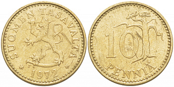 ФИНЛЯНДИЯ 10 ПЕННИ 1972 S KM 46 алюминиевая бронза 3718-126