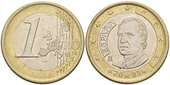 ИСПАНИЯ 1 ЕВРО 2003 ХУАН КАРЛОС I KM 1046 биметалл 4543-256