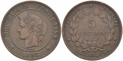 ФРАНЦИЯ 5 САНТИМОВ 1897 A, ТРЕТЬЯ РЕСПУБЛИКА (1871-1940) KM 821.1, LE FRANC 118.41 бронза 108-754