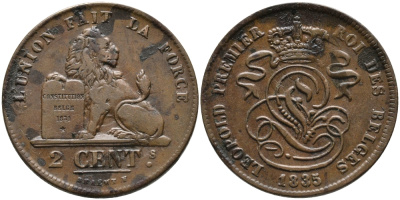 БЕЛЬГИЯ 2 САНТИМА 1835 BELGES KM 4.1 медь 95-655