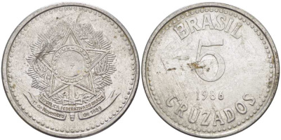 Бразилия 5 крузадо 1986 реформа (1986-1989) KM 606 нержавеющая сталь 28-1212